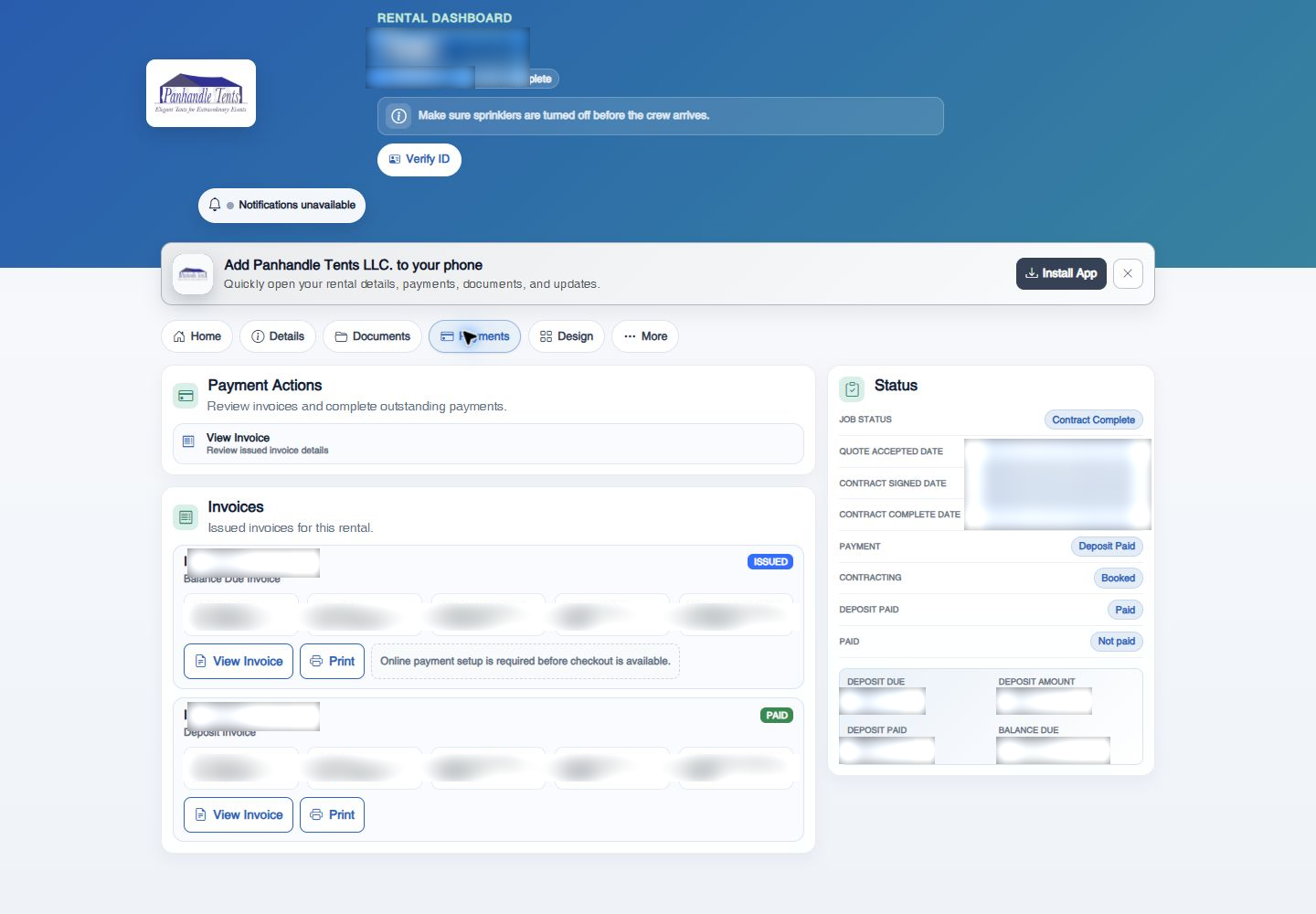RentalTrack Customer Dashboard payment experience with clear totals