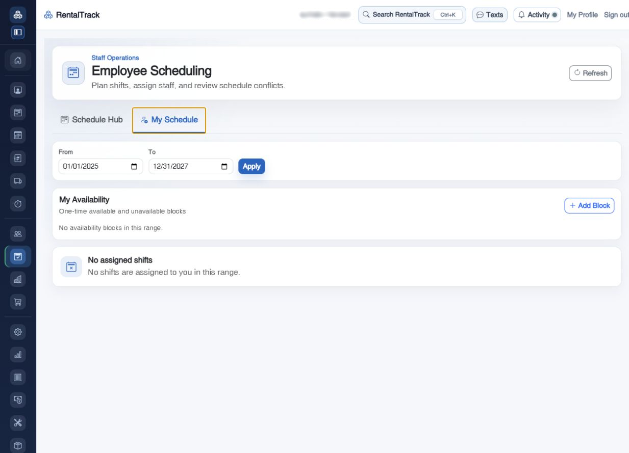 RentalTrack My Schedule view for an employee