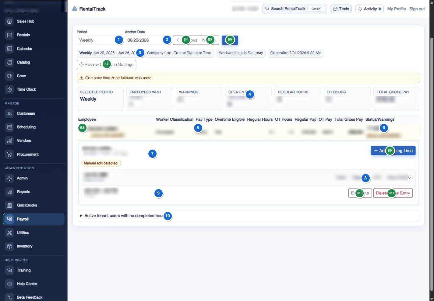 RentalTrack Payroll Workbench employee time and gross-pay detail