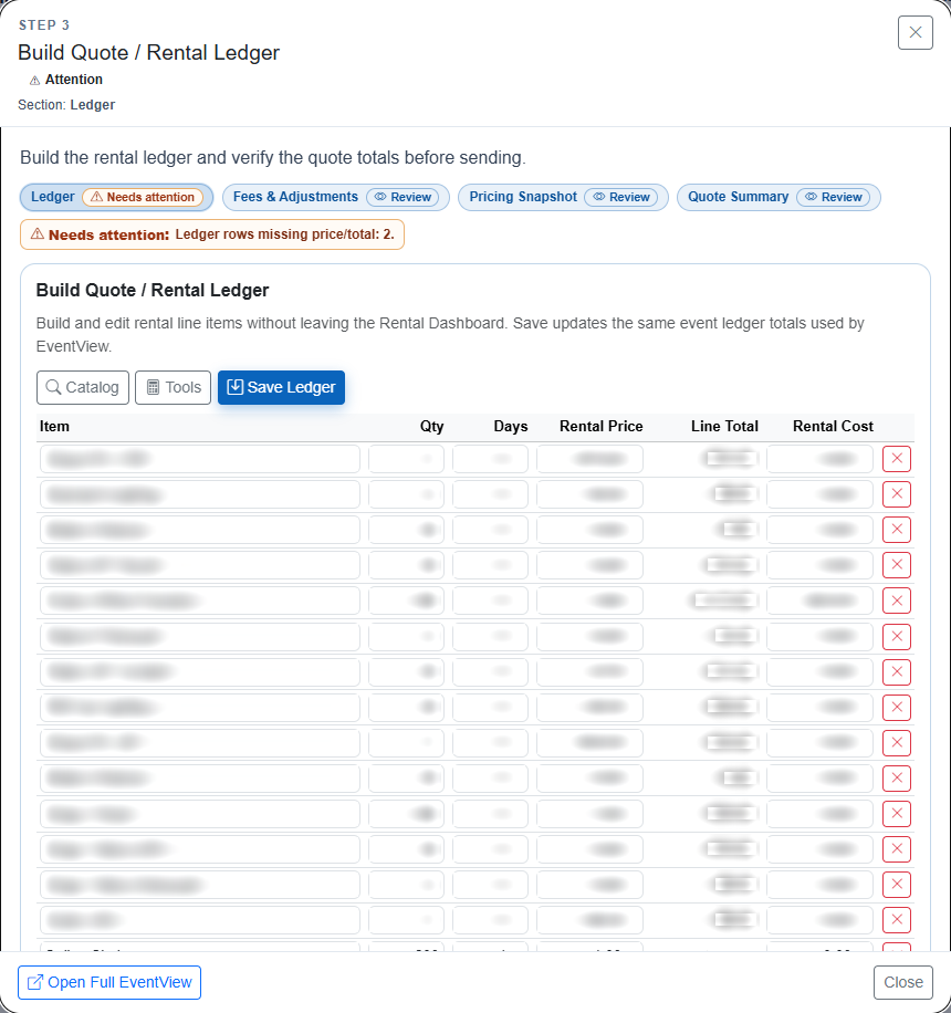RentalTrack rental ledger with itemized pricing and inline workflow