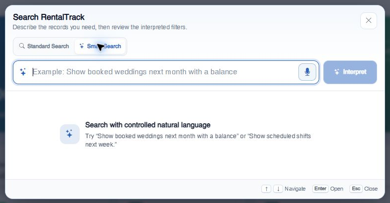 RentalTrack Assistant Smart Search entry experience