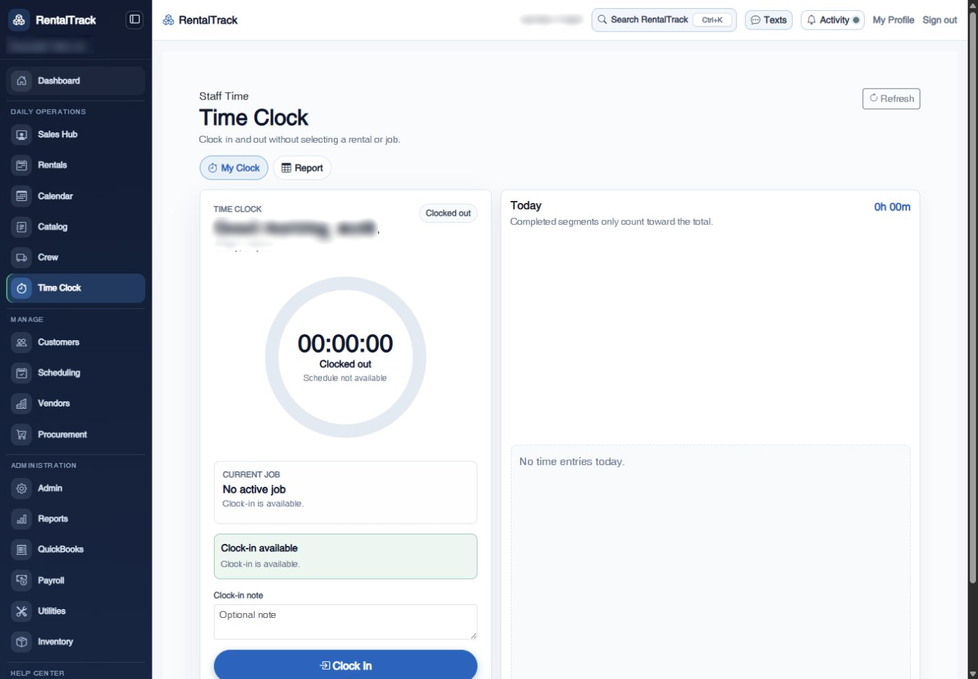 RentalTrack employee Time Clock with current shift and clock controls