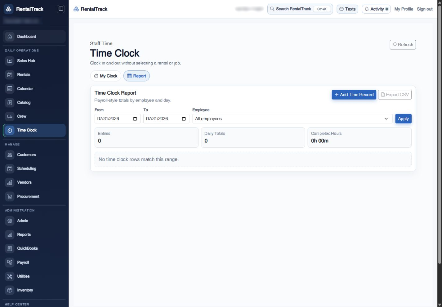 RentalTrack Time Clock report with employee time-entry detail