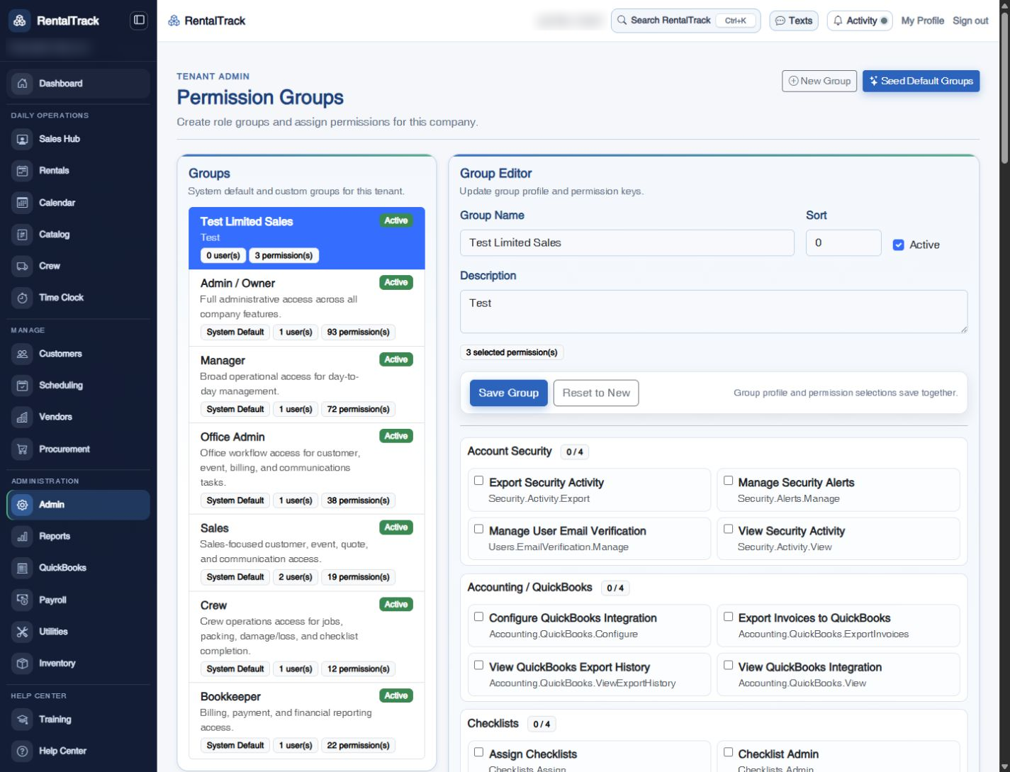 RentalTrack Permission Groups configuration for controlled feature access
