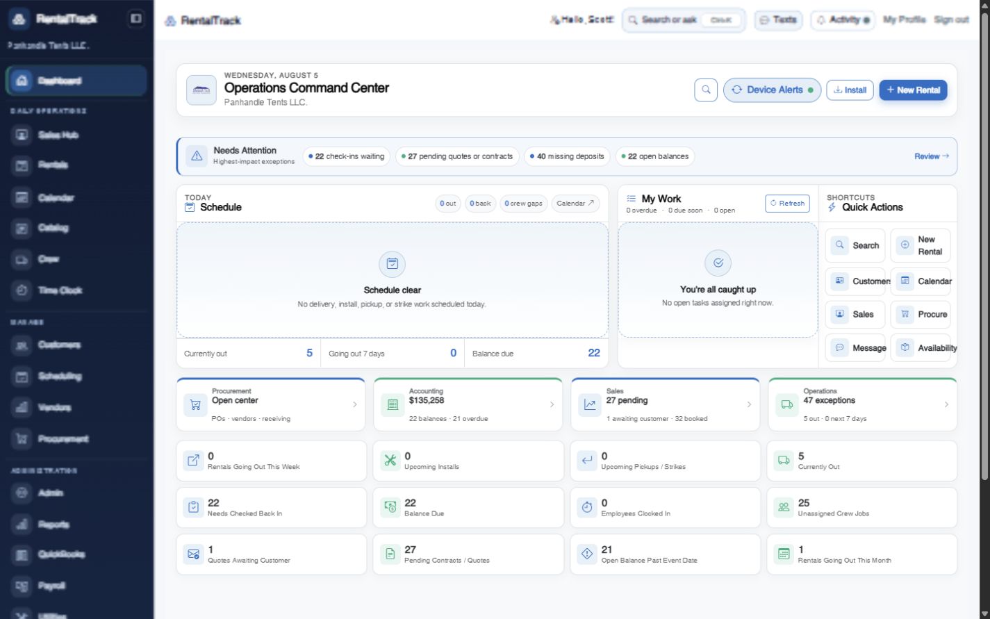 RentalTrack Operations Command Center with revenue, rental pipeline, internal tasks, and upcoming work